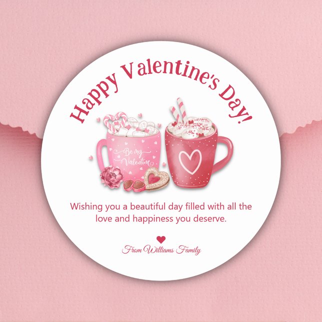 happy valentines day,red pink hot chocolate  classic round sticker (Creator Uploaded)