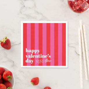 Happy Valentine's Day Red Pink Stripe Paper Napkin