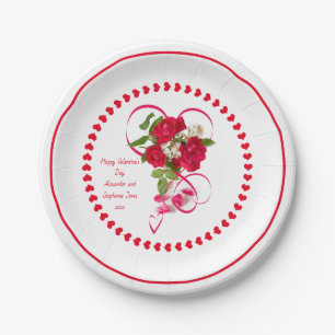 Happy Valentine's Day Red Rose Photo & Ribbon Paper Plate
