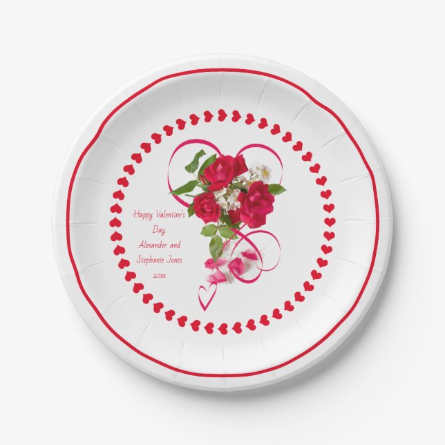 Happy Valentine's Day Red Rose Photo & Ribbon Paper Plate (Front)