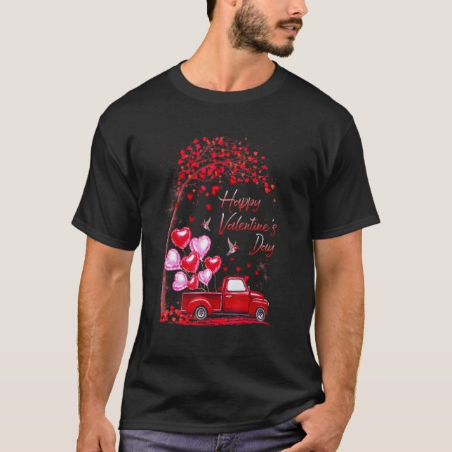 Happy Valentine's Day Red Truck Hearts Mens Womens T-Shirt (Front)