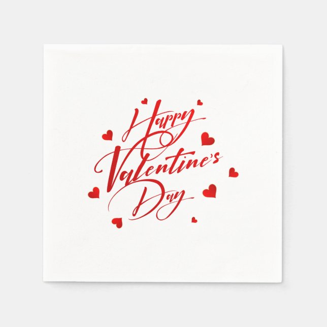 Happy Valentine's Day Red Typography and Hearts Napkin (Front)
