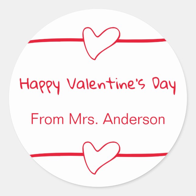 Happy Valentine's Day Red White Teacher To Class Classic Round Sticker (Front)