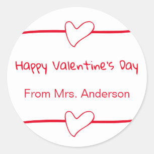 Happy Valentine's Day Red White Teacher To Class Classic Round Sticker