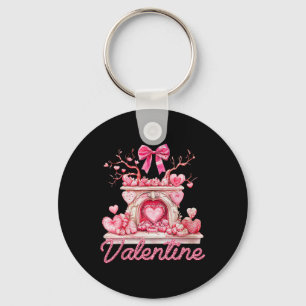 Happy Valentine's Day Retro Fireplace Pink Hearts Key Ring