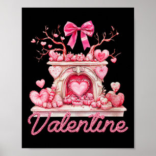 Happy Valentine's Day Retro Fireplace Pink Hearts Poster