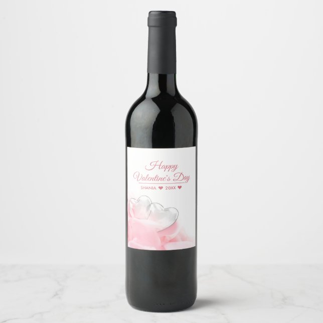 Happy Valentine's Day Romantic Glass Hearts Wine Label (Front)