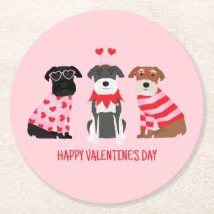 Happy Valentines Day Schnauzer Dogs Round Paper Coaster