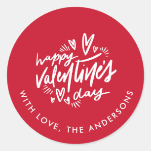 Happy Valentine's Day script Red and White Classic Round Sticker
