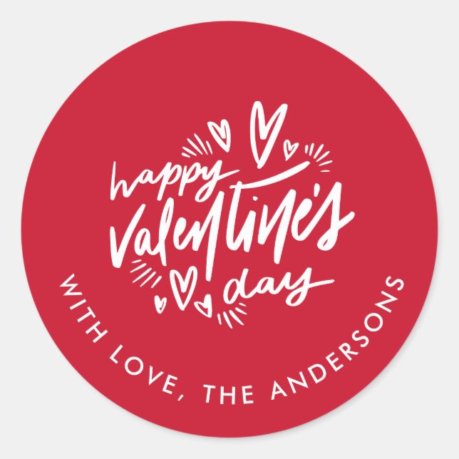 Happy Valentine's Day script Red and White Classic Round Sticker (Front)