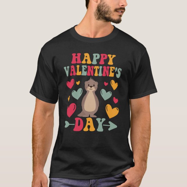Happy Valentines Day Sea Otter Heart Love Groovy T-Shirt (Front)