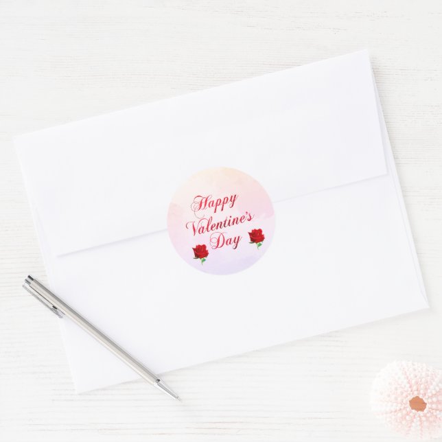 Happy Valentine's Day Soft Pastel Red Roses Classic Round Sticker (Envelope)