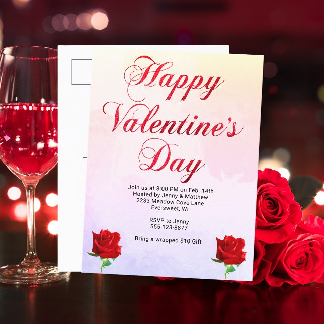 Happy Valentine's Day Soft Pastel Red Roses Party Holiday Postcard (Happy Valentine's Day Soft Pastel Red Roses Party Holiday Postcard)