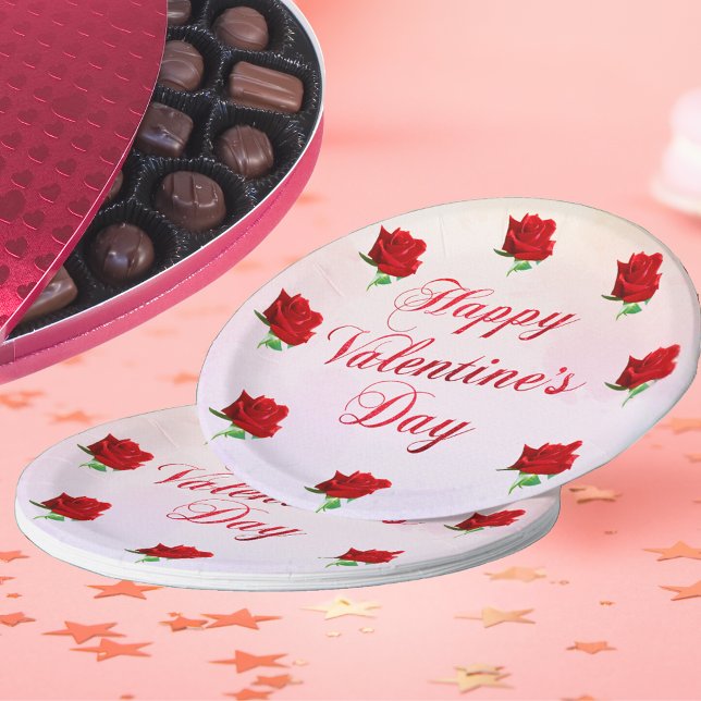 Happy Valentine's Day Soft Pastel Red Roses Party Paper Plate (Happy Valentine's Day Soft Pastel Red Roses Party Paper Plates)