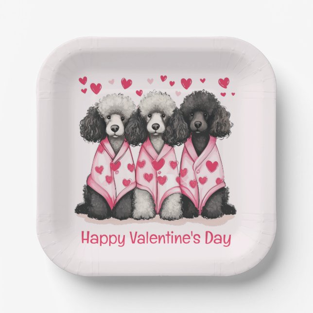 Happy Valentines Day Standard Poodle Dogs Paper Plate (Front)