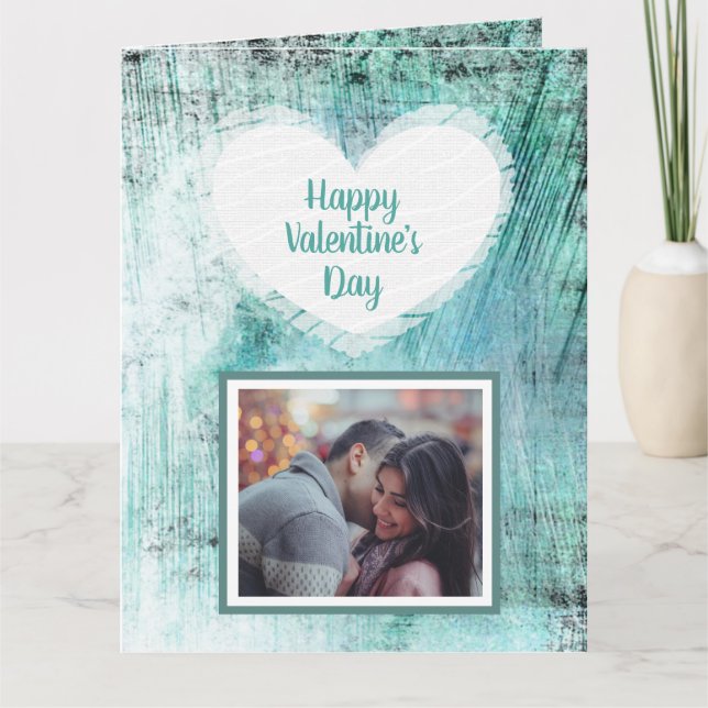 Happy Valentine's Day teal and blue Photo Card (Front)
