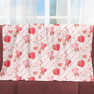 Happy Valentine's Day Teddy Bear Pattern on Pink Fleece Blanket