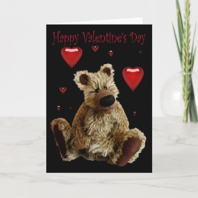 Happy Valentines Day Teddy Bear with Hearts Holiday Card (Front)