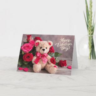 Happy Valentine's Day Teddy Bear with Roses  Holiday Card