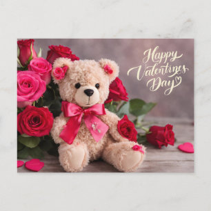 Happy Valentine's Day Teddy Bear with Roses  Holiday Postcard