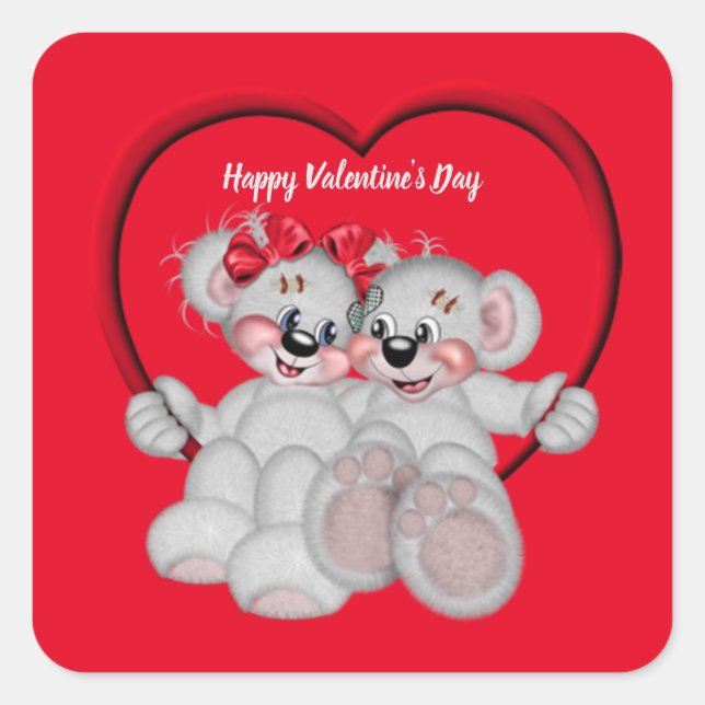 Happy Valentine's Day Teddy Bears Square Sticker (Front)