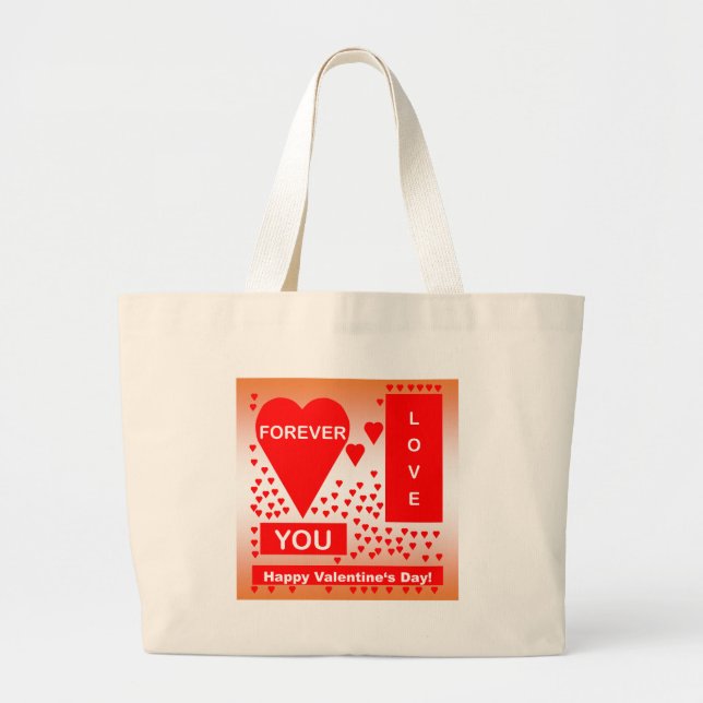 Happy Valentine's Day Text Forever Love Hearts Red Large Tote Bag (Front)
