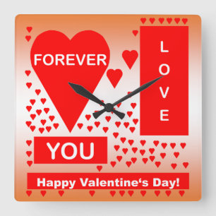 Happy Valentine's Day Text Forever Love Hearts Red Square Wall Clock