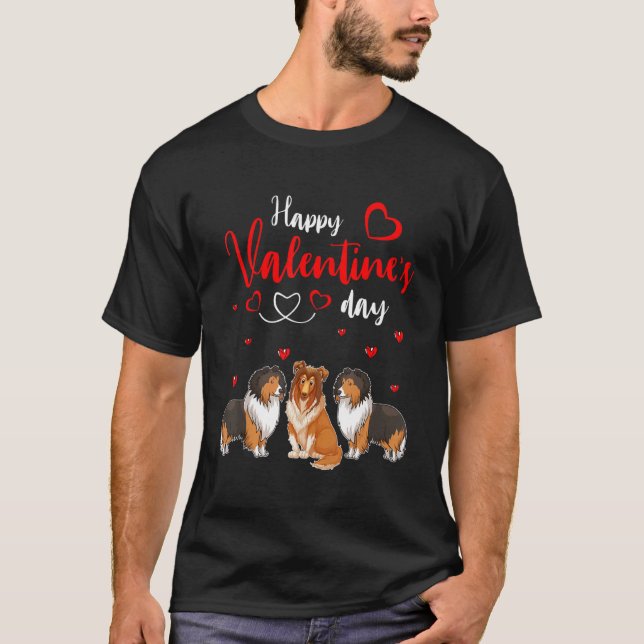 Happy Valentine's Day Three Cute Sheltie Dogs Love T-Shirt (Front)