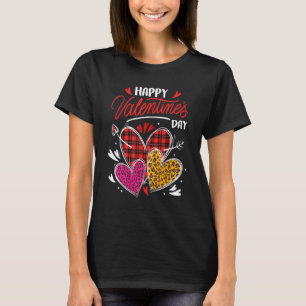 Happy Valentine's Day Three Leopard And Plaid Hear T-Shirt