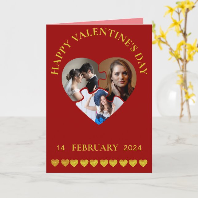 Happy Valentines Day Three Photos Holiday Card (Yellow Flower)