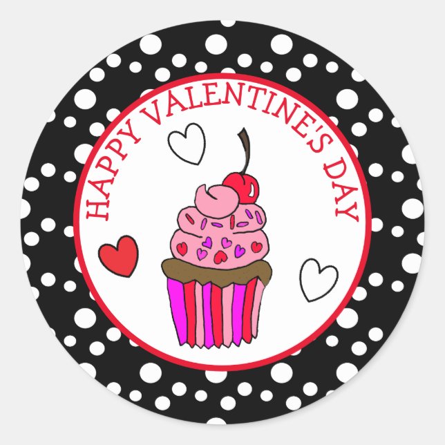 Happy Valentine's Day To You Cupcake and Hearts Classic Round Sticker (Front)