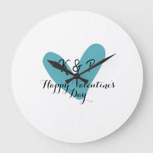 Happy Valentine's day turquoise heart name letter Large Clock