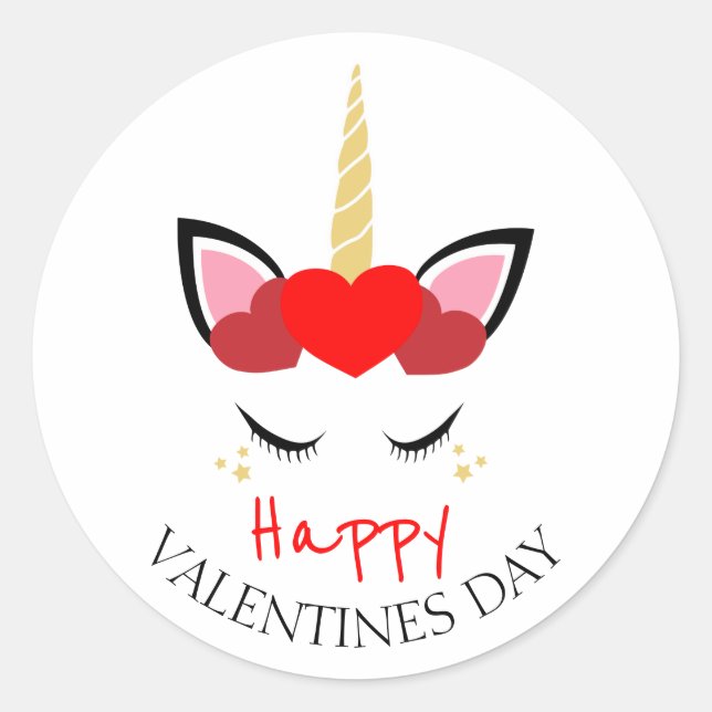 Happy Valentines Day Unicorn Pink Red Hearts Classic Round Sticker (Front)
