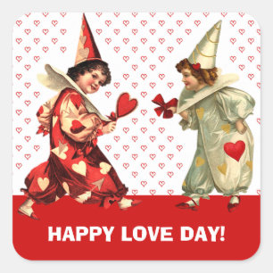 Happy Valentine's Day. Vintage Kids Clowns Square Sticker