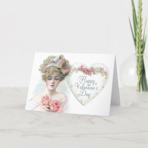 Happy Valentine's Day Vintage Lady Pink Rose Heart Holiday Card