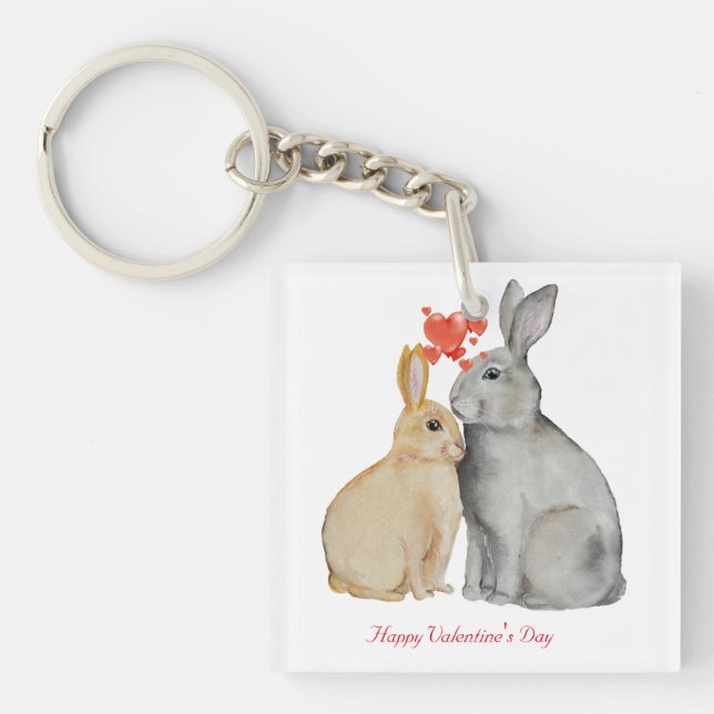 Happy Valentine's Day watercolor bunnies Key Ring (Front)