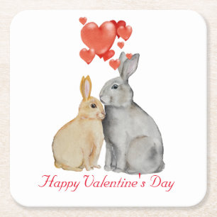 Happy Valentine's Day watercolor bunnies Square Paper Coaster