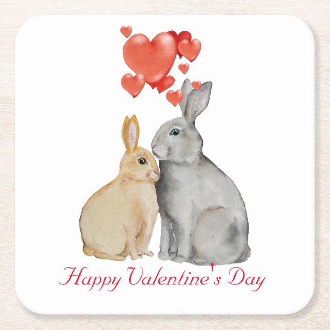 Happy Valentine's Day watercolor bunnies Square Paper Coaster (Front)