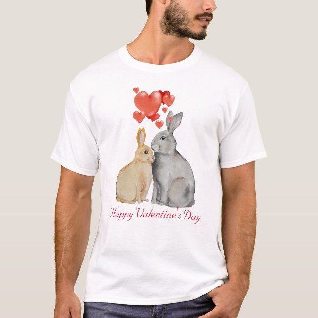 Happy Valentine's Day watercolor bunnies T-Shirt (Front)