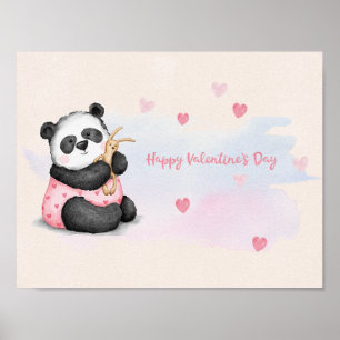 Happy Valentine's Day Watercolor Heart Panda Bunny Poster