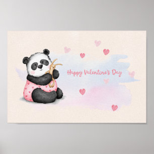 Happy Valentine's Day Watercolor Heart Panda Bunny Poster