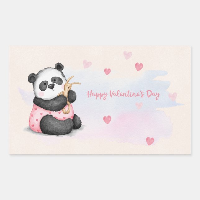 Happy Valentine's Day Watercolor Heart Panda Bunny Rectangular Sticker (Front)