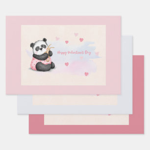 Happy Valentine's Day Watercolor Heart Panda Bunny Wrapping Paper Sheet