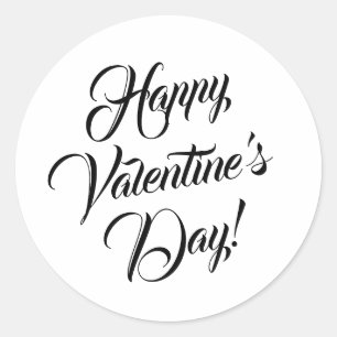 Happy Valentine's Day white black elegant script Classic Round Sticker