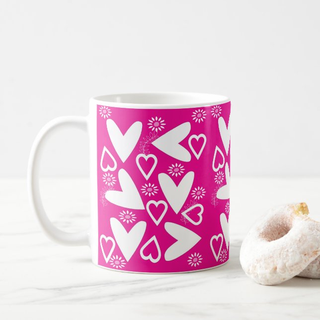 Happy Valentine's Day White Hearts Coffee Mug (With Donut)