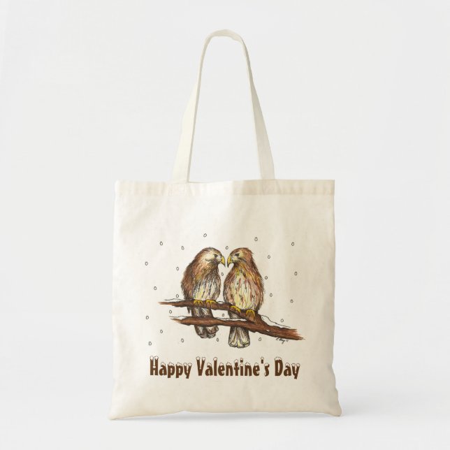 Happy Valentine's Day Winter Lovebird Birds Snow Tote Bag (Front)