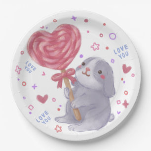 Happy Valentine's Day with Bunny & Lollipop Paper Plate