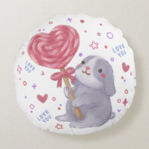 Happy Valentine's Day with Bunny & Lollipop Round Cushion