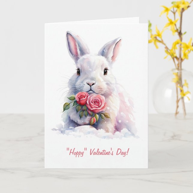 Happy Valentines Day with Cute White Bunny Rabbit Card (Yellow Flower)