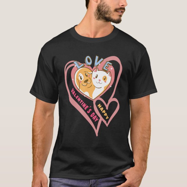 Happy Valentine's Day With Dog And Cat Love Heart T-Shirt (Front)